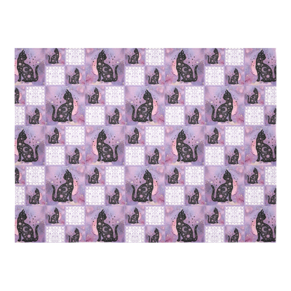 Purple Cosmic Cats Patchwork Pattern Cotton Linen Tablecloth 52"x 70"