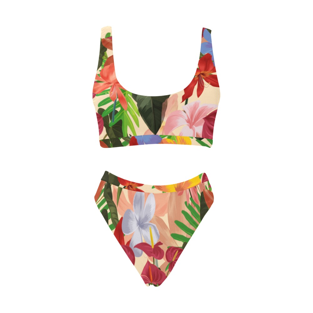 The Tropical Flowers Sport Top & High-Waisted Bikini Swimsuit (Model S07)