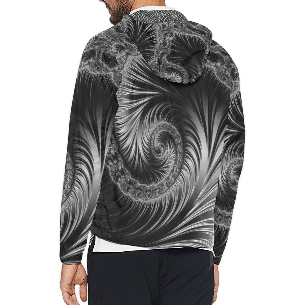 Black and Silver Spiral Fractal Abstract Unisex All Over Print Windbreaker (Model H23)