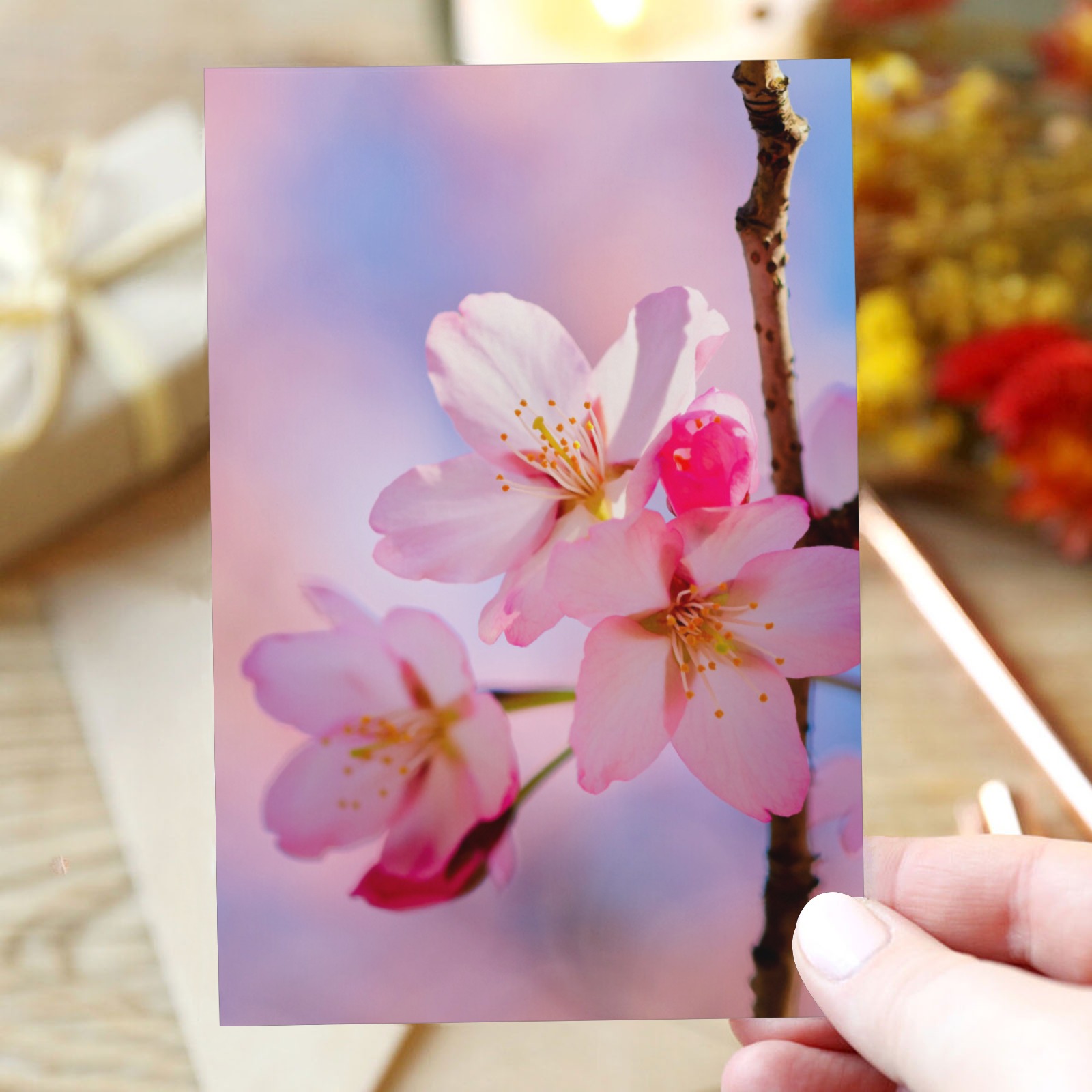 Sakura cherry blossom. Pink and blue spring art. Greeting Card 4"x6"