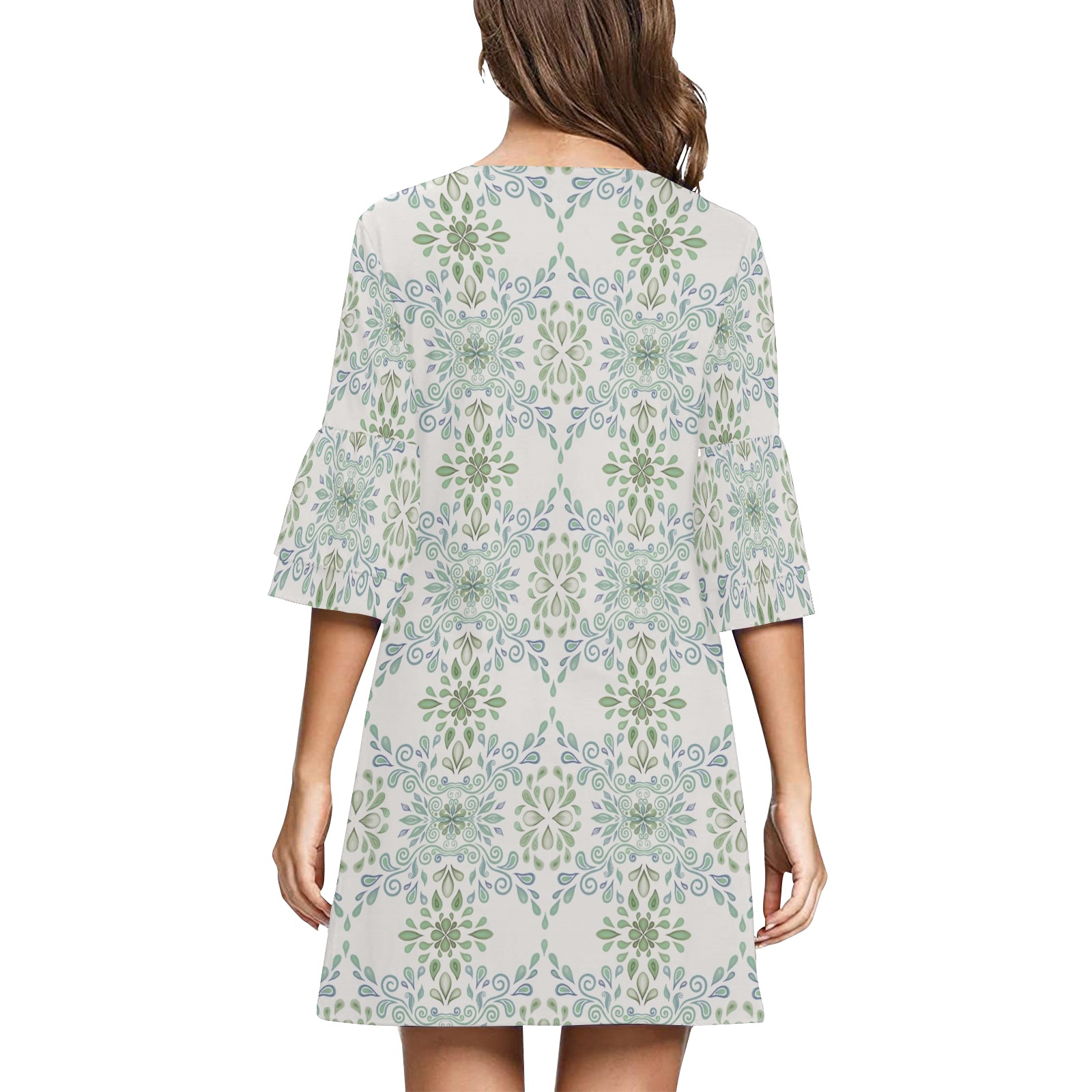 Blue and Green watercolor pattern Half Sleeves V-Neck Mini Dress (Model D63)