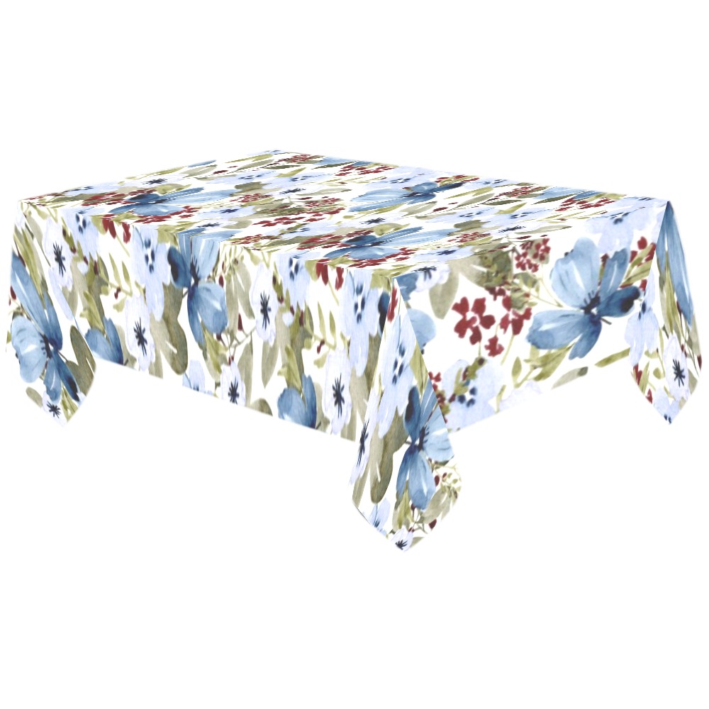 Blue Flowers Cotton Linen Tablecloth 60"x120"