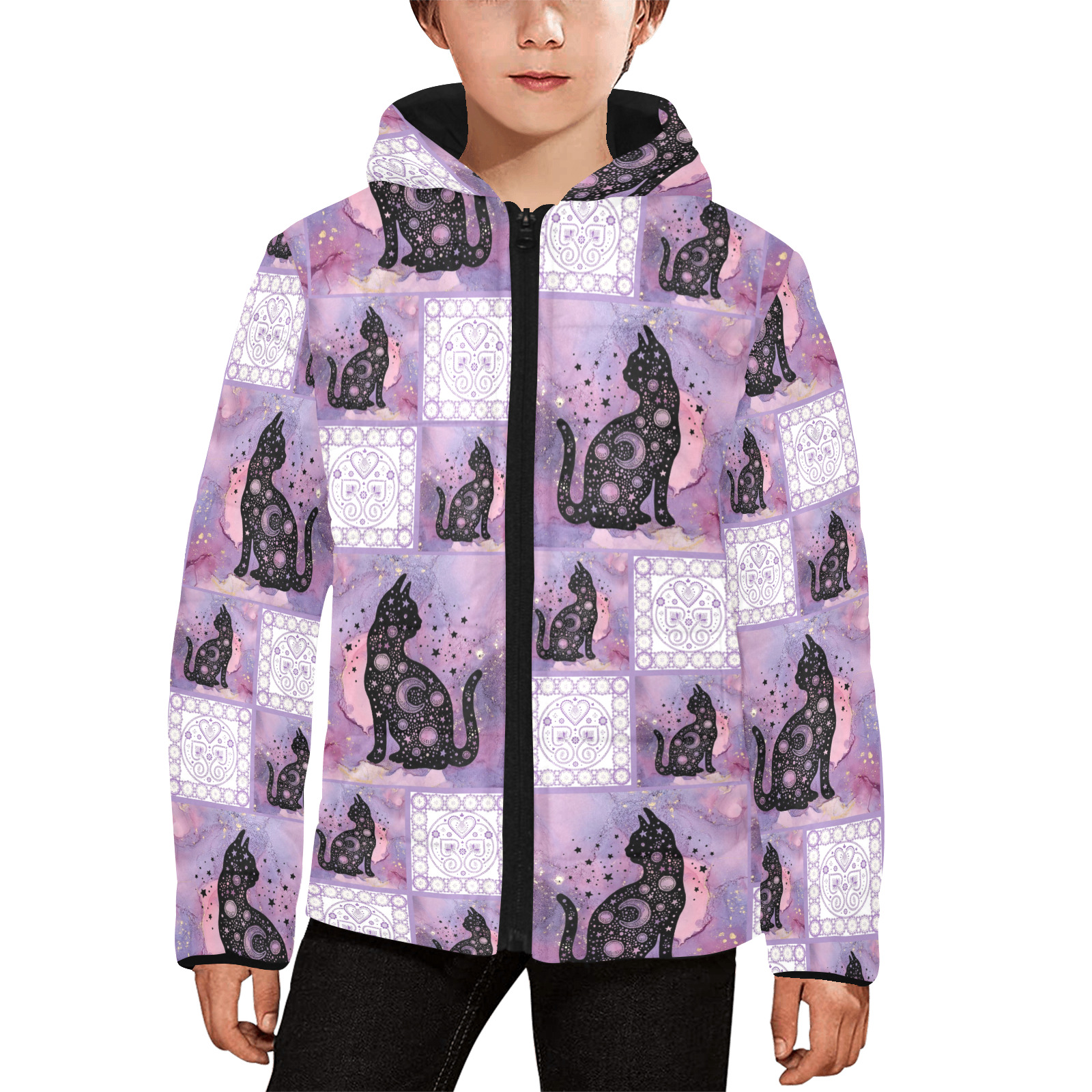 Purple Cosmic Cats Patchwork Pattern Kids' Padded Hooded Jacket (Model H45)