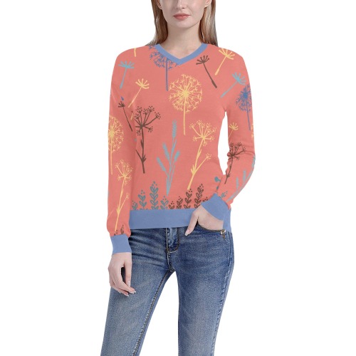 Wildflowers Art on Apricot Orange Women's All Over Print V-Neck Sweater (Model H48)