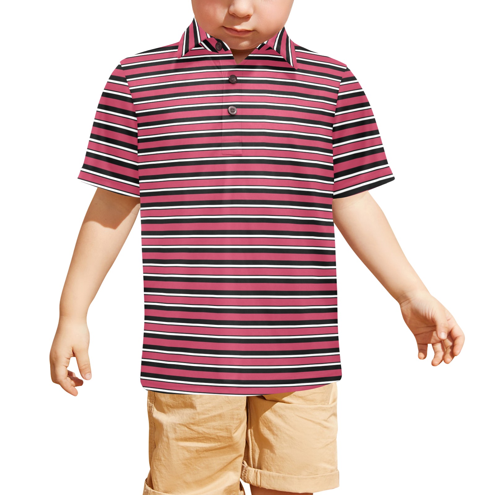 Magenta, Black and White Stripes Little Boys' All Over Print Polo Shirt (Model T55)