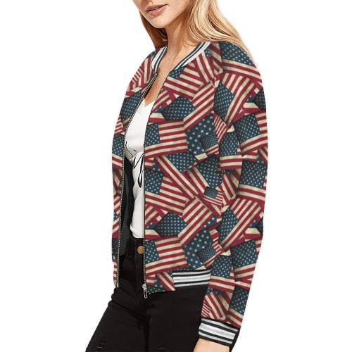 Patriotic USA American Flag Art All Over Print Bomber Jacket for Women (Model H21)