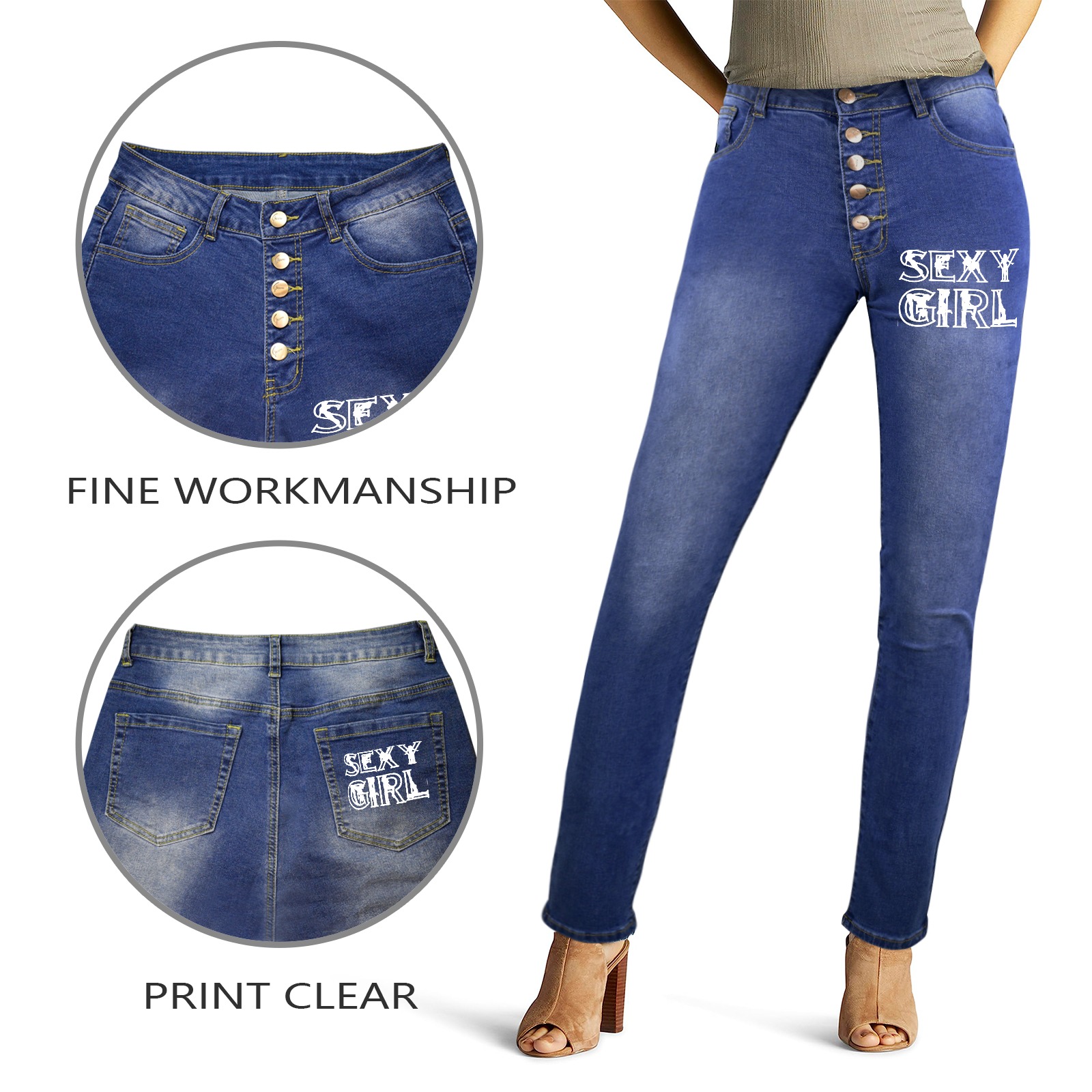Sexy girl cool white text and women silhouettes. Women's Jeans (Front&Back Printing)