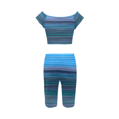 Abstract Blue Horizontal Stripes Women's Crop Top Yoga Set