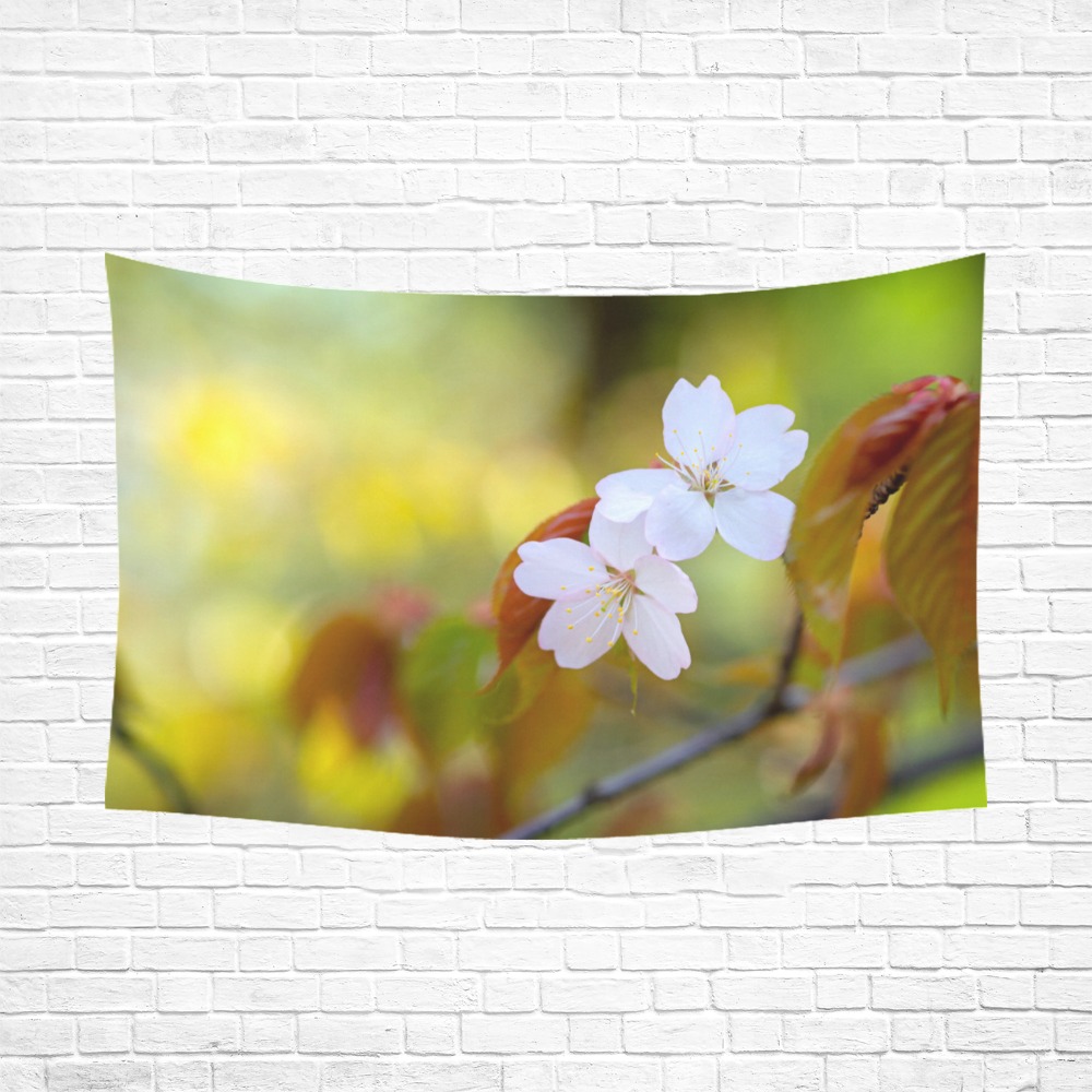 Two sakura cherry flowers, colorful background. Polyester Peach Skin Wall Tapestry 90"x 60"