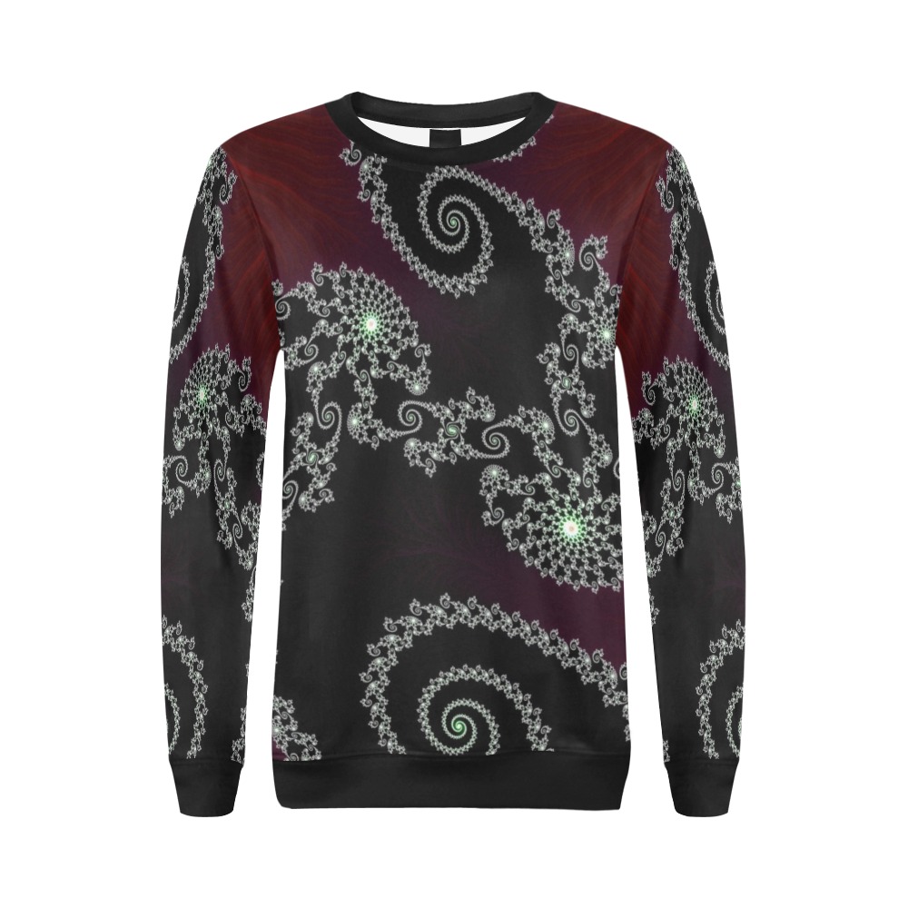 Black and White Lace on Maroon Velvet Fractal Abstract All Over Print Crewneck Sweatshirt for Women (Model H18)