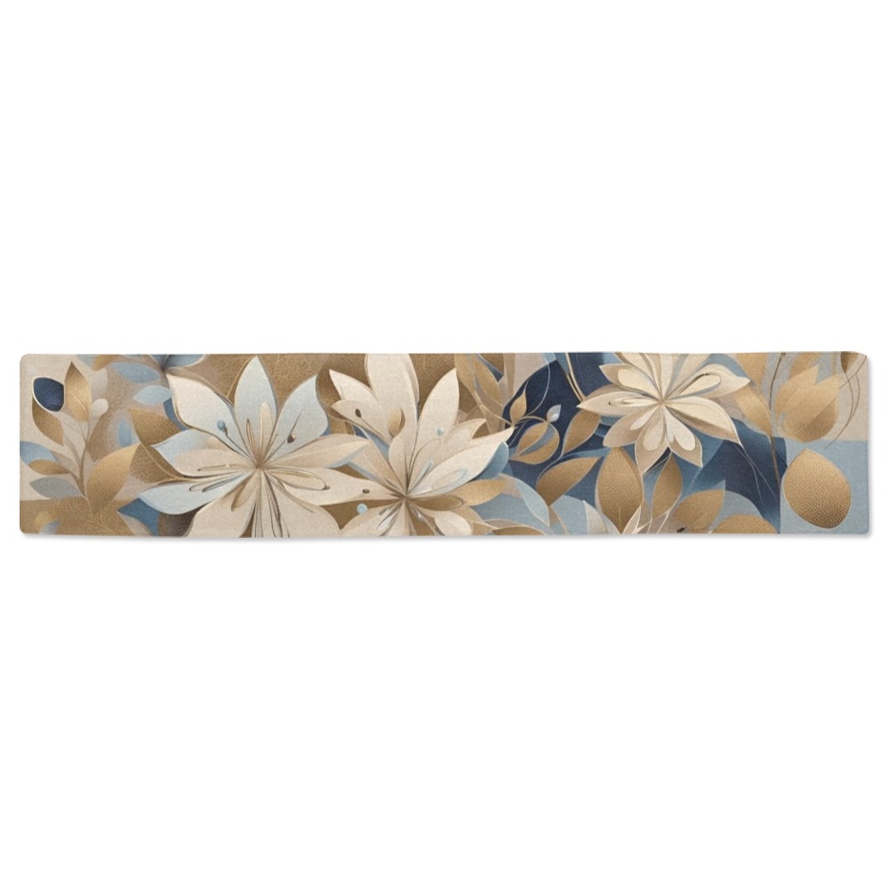 Beige and Blue Contemporary Flowers Thickiy Ronior Table Runner 16"x 72"