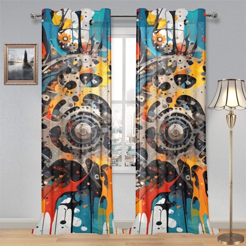 Fantasy colorful mechanical abstract art on white Gauze Curtain 28"x95" (Two-Piece)