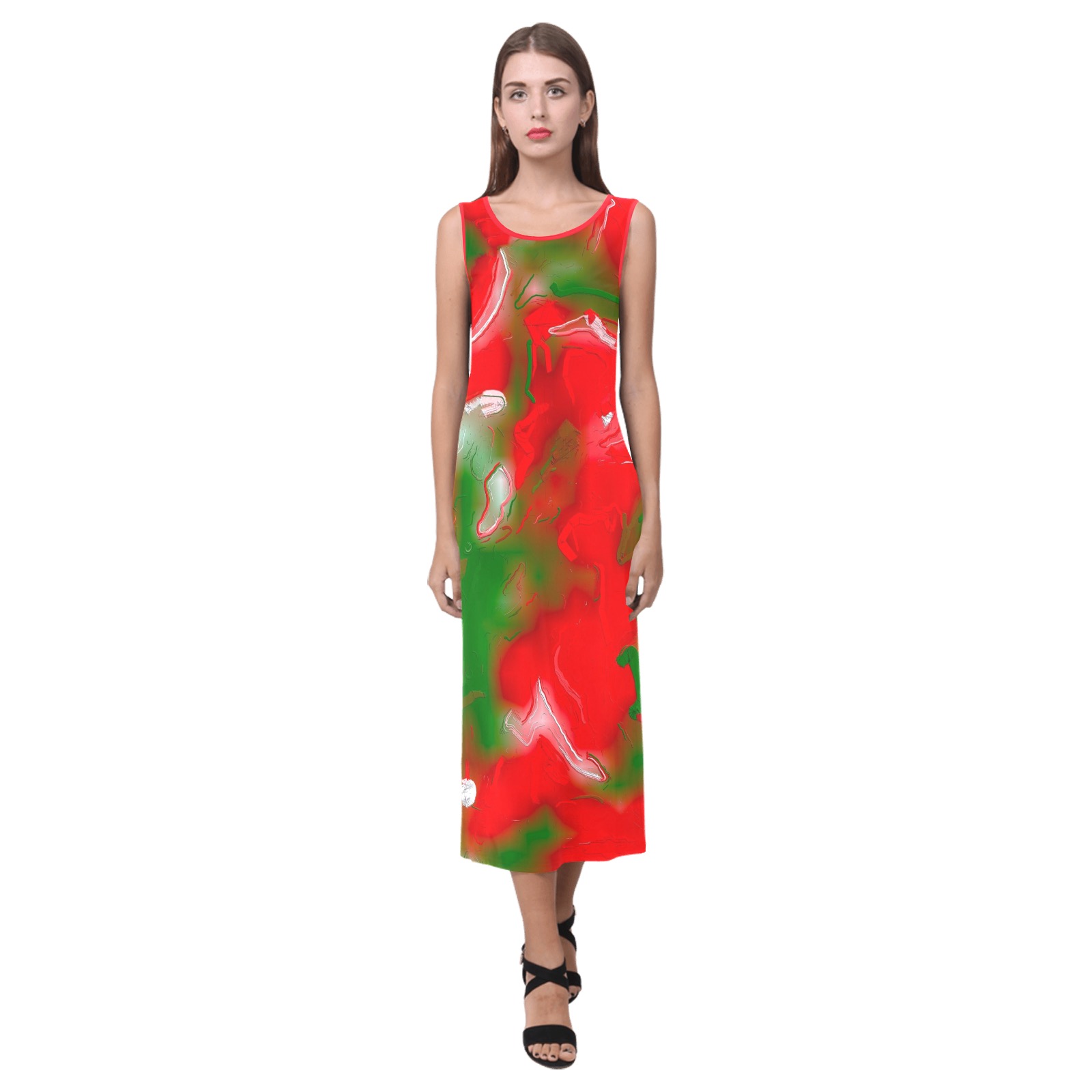 Red, White and Green Abstract Phaedra Sleeveless Open Fork Long Dress (Model D08)