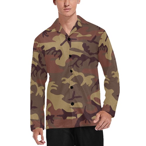 Camo Dark Brown Men's V-Neck Long Pajama Top