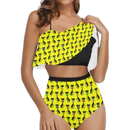 Black Cats Wearing Bow Ties - Yellow High Waisted Ruffle Bikini Set (Model S13)