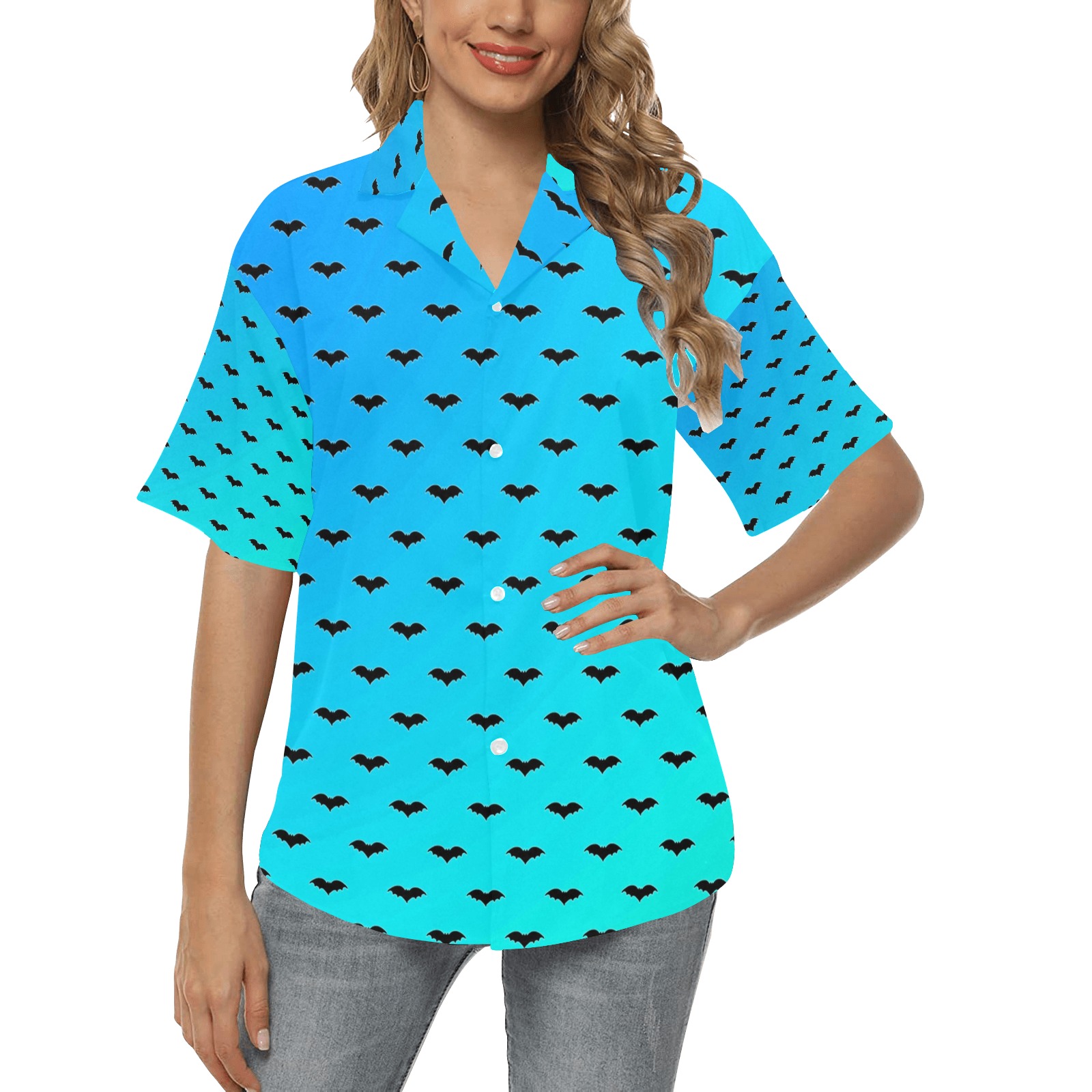 Tiny Bats Blue All Over Print Hawaiian Shirt for Women (Model T58)