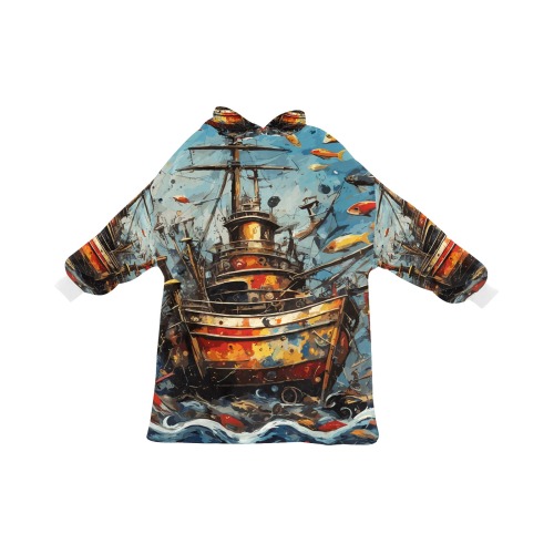 Funny imaginative boat and fishes abstract art. Blanket Hoodie for Men