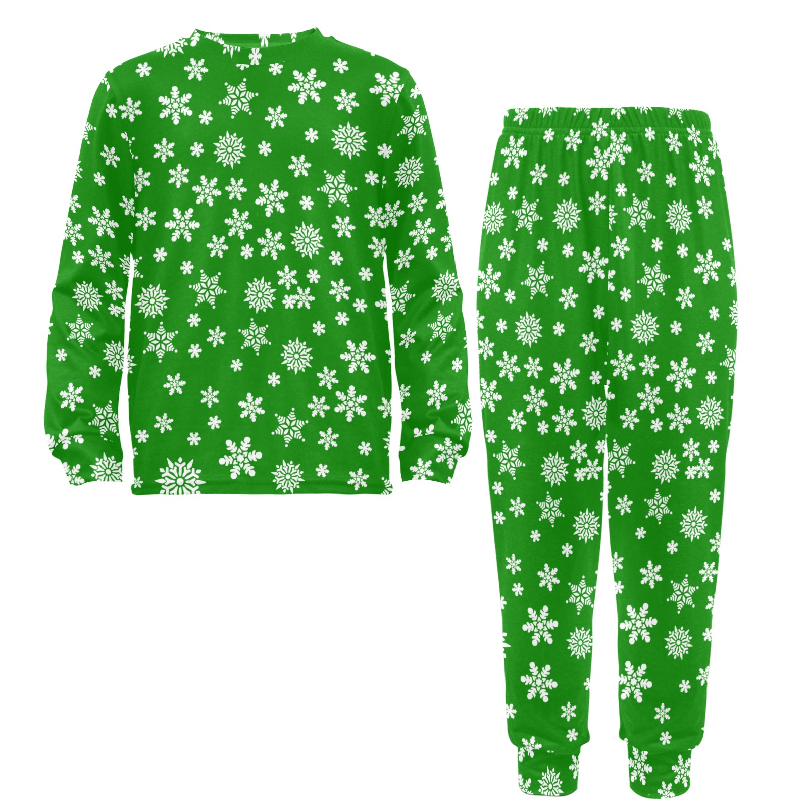 Christmas White Snowflakes on Green Big Boys' Crew Neck Long Pajama Set