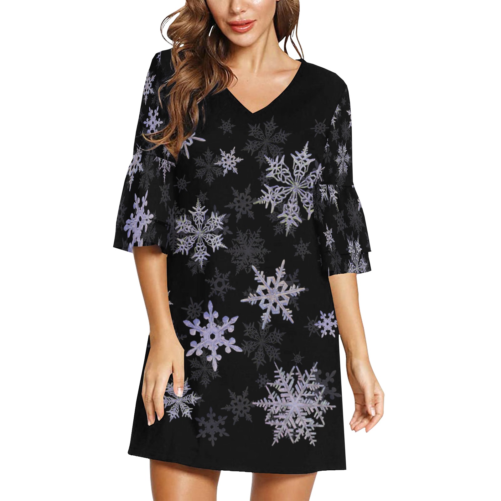 snowflakes redux seamless pattern on black Half Sleeves V-Neck Mini Dress (Model D63)