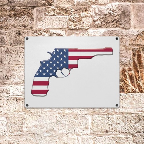 Revolver decorated with the American flag art. Metal Tin Sign 16"x12"