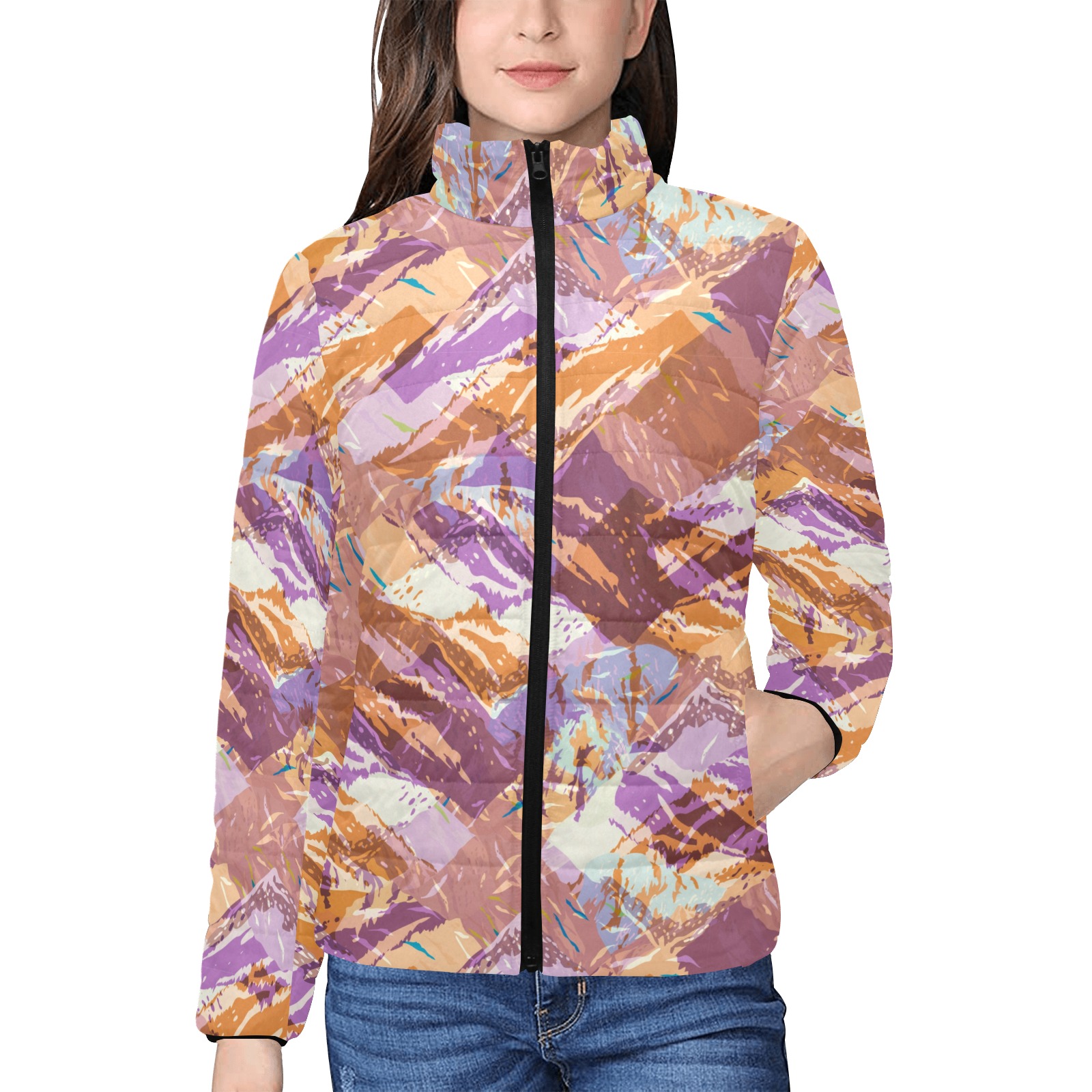 Camo mountains modern C27 Women's Stand Collar Padded Jacket (Model H41)