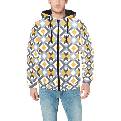 Retro Angles Abstract Geometric Pattern Men's Padded Hooded Jacket (Model H42)
