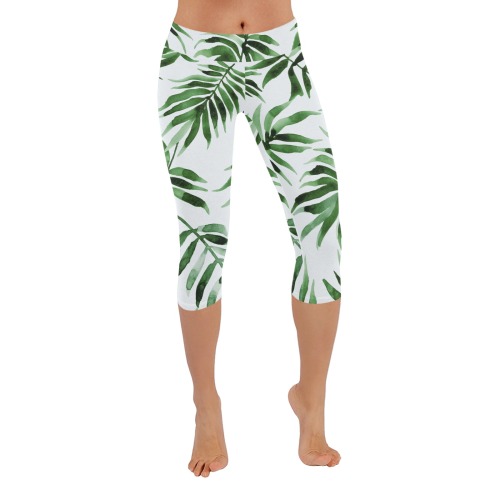 Watercolor_green_leaf Women's Low Rise Capri Leggings (Invisible Stitch) (Model L08)