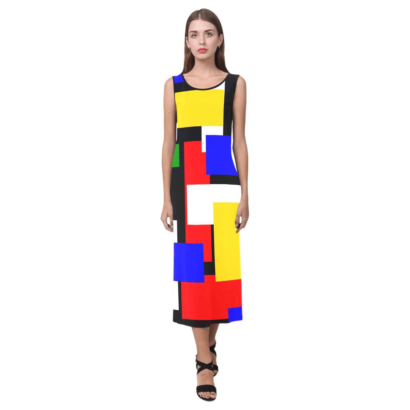 Yellow, Red, Blue and Green Geometric Blocks Phaedra Sleeveless Open Fork Long Dress (Model D08)