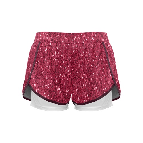 Magenta dark pink red faux sparkles glitter Women's Sports Shorts with Compression Liner (Model L63)