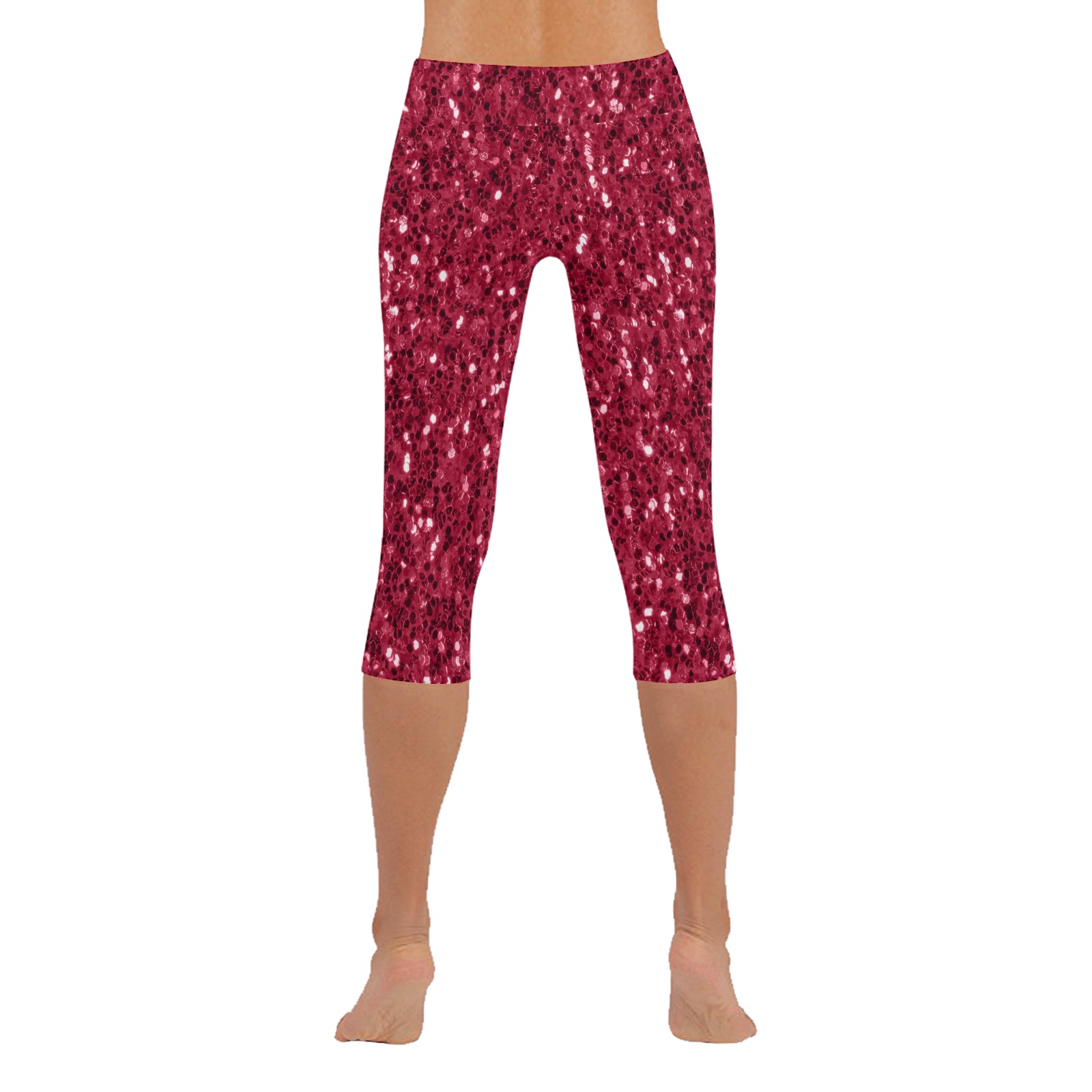 Magenta dark pink red faux sparkles glitter Women's Low Rise Capri Leggings (Invisible Stitch) (Model L08)
