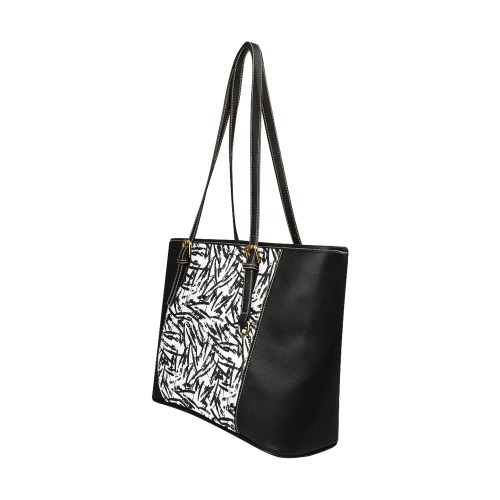 Brush Stroke Black and White Leather Tote Bag/Large (Model 1640)