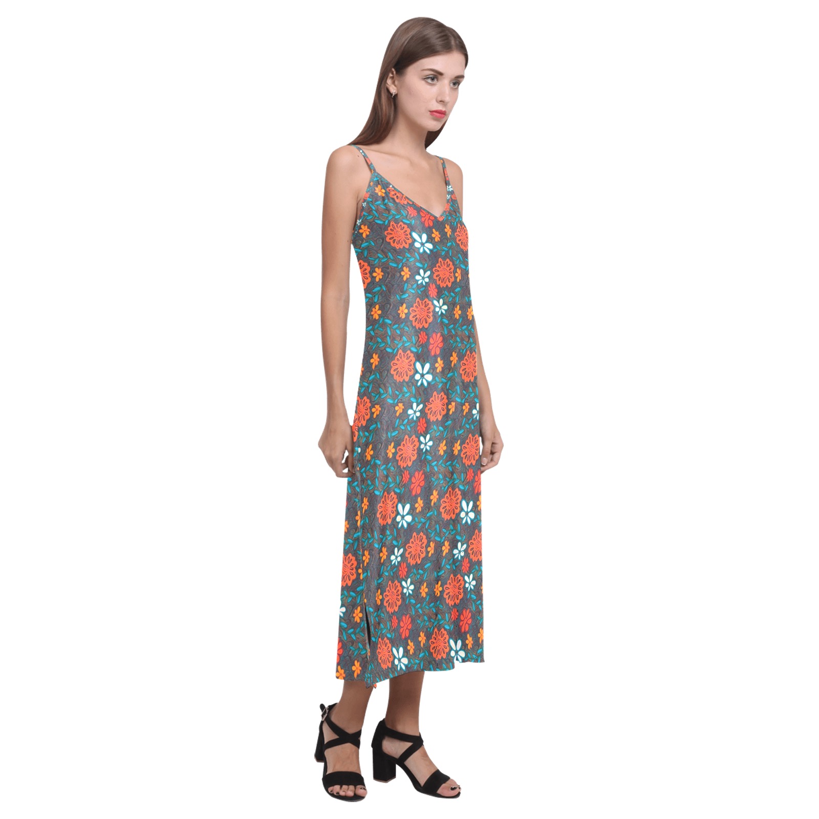 Pretty floral pattern V-Neck Open Fork Long Dress(Model D18)