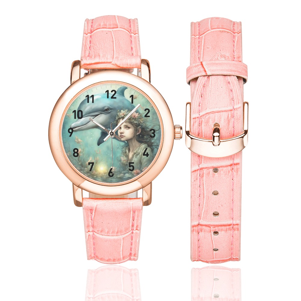 Dolphin Fantasy 4 Women's Rose Gold Leather Strap Watch(Model 201)