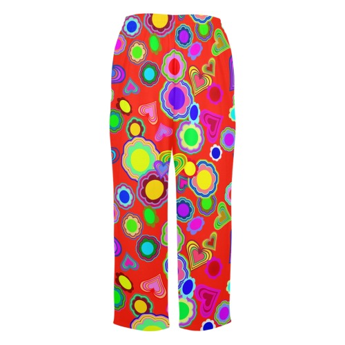 Groovy Hearts and Flowers Red Women's Pajama Trousers without Pockets
