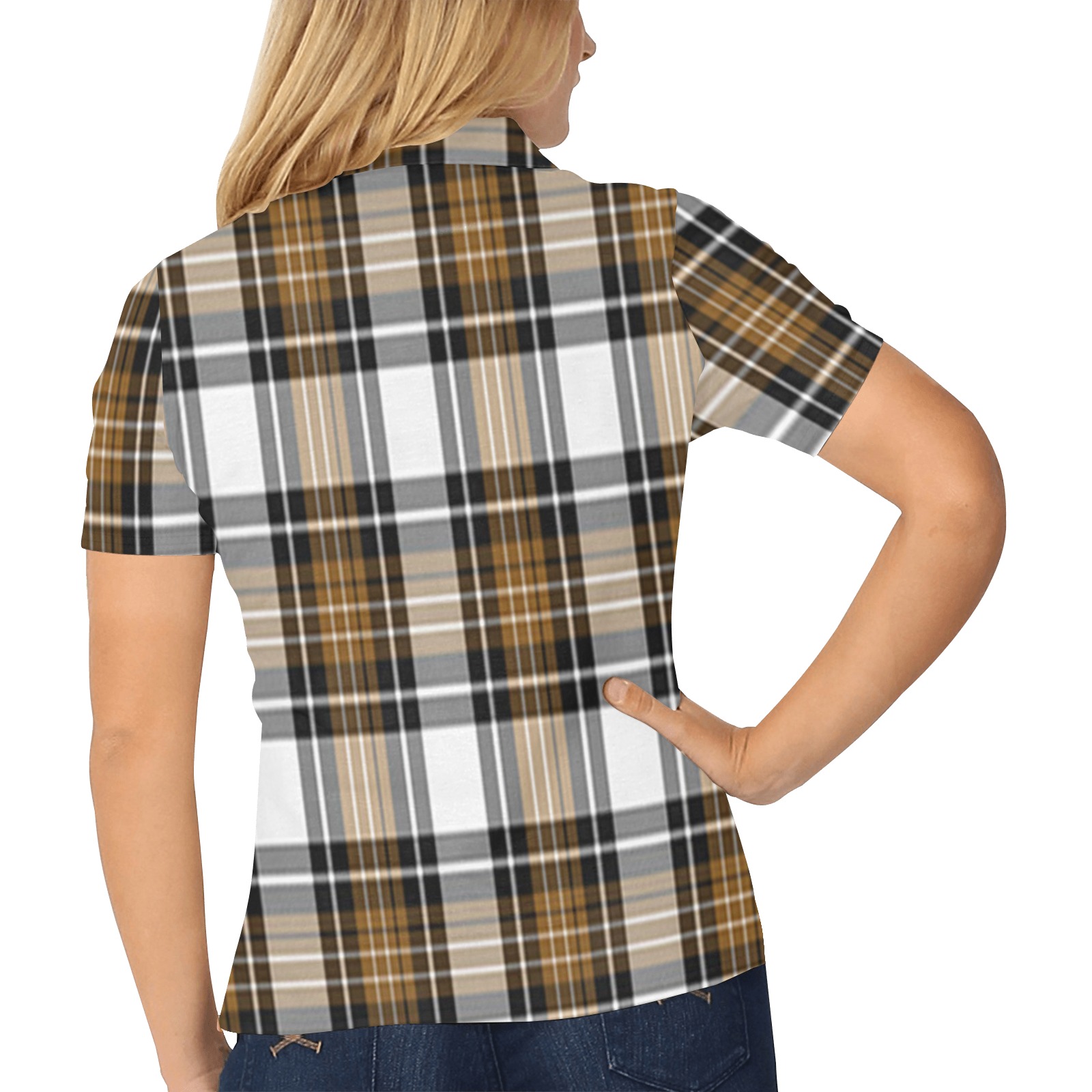 Brown Black Plaid Women's All Over Print Polo Shirt (Model T55)