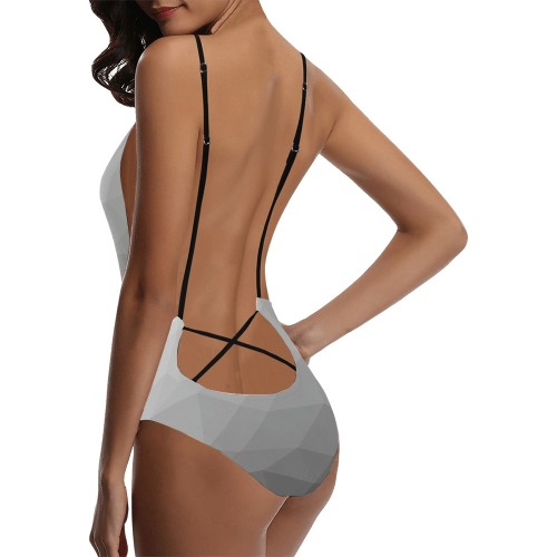 Grey Gradient Geometric Mesh Pattern Sexy Lacing Backless One-Piece Swimsuit (Model S10)