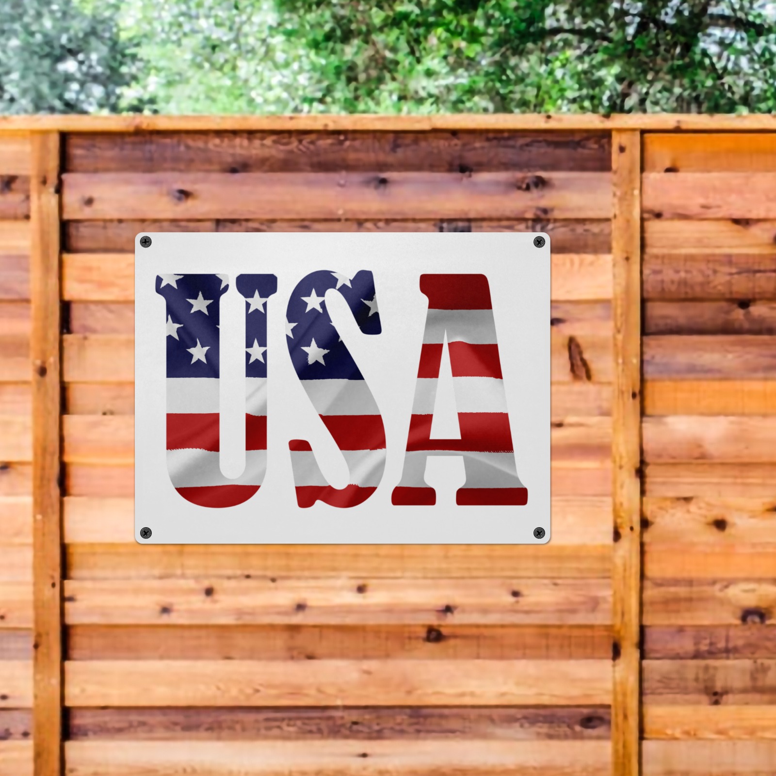 USA text decorated with the American flag art. Metal Tin Sign 16"x12"