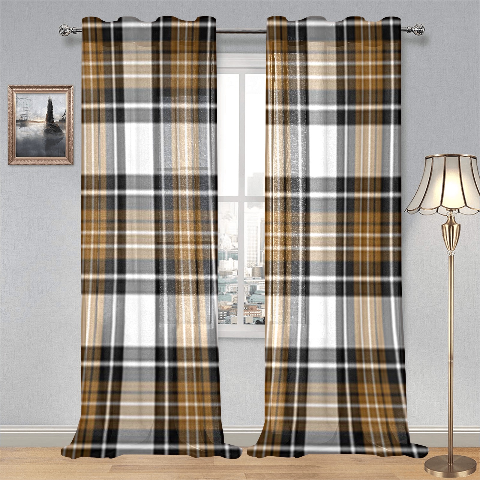 Brown Black Plaid Gauze Curtain 28"x95" (Two-Piece)