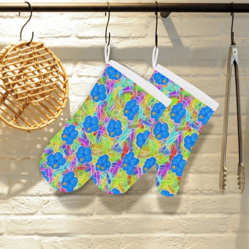 Pretty Blue Hawaiian Flowers Pattern Linen Oven Mitt (Two Pieces)