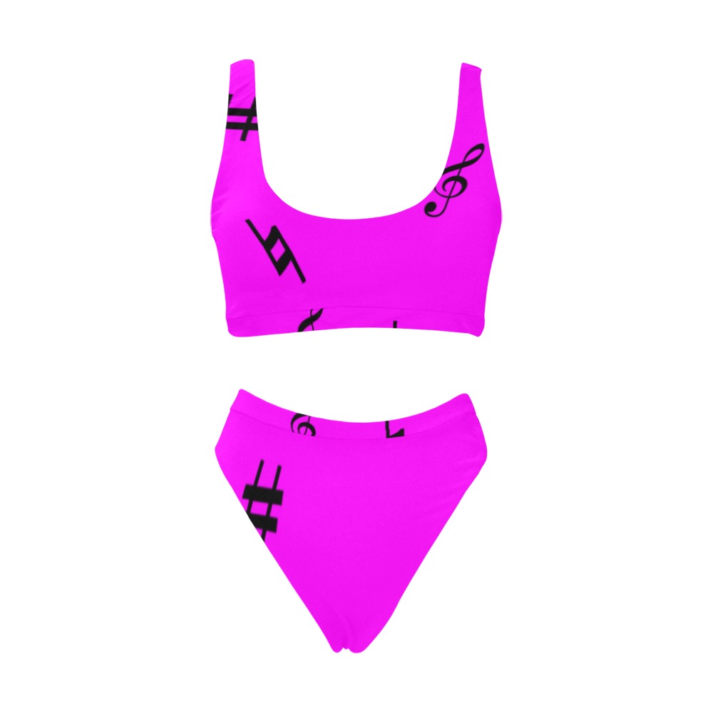 Black Musical Notes pink Sport Top & High-Waisted Bikini Swimsuit (Model S07)