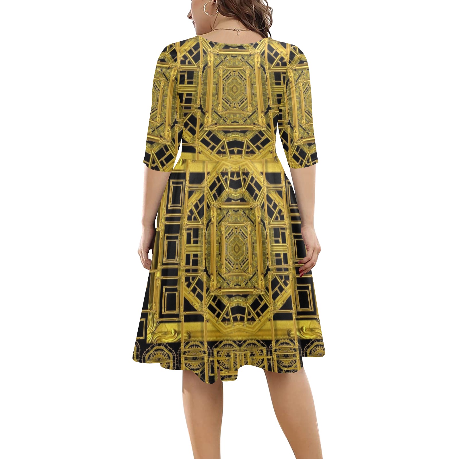 Beautiful stars would be in gold frames Half Sleeve Skater Dress (Model D61)
