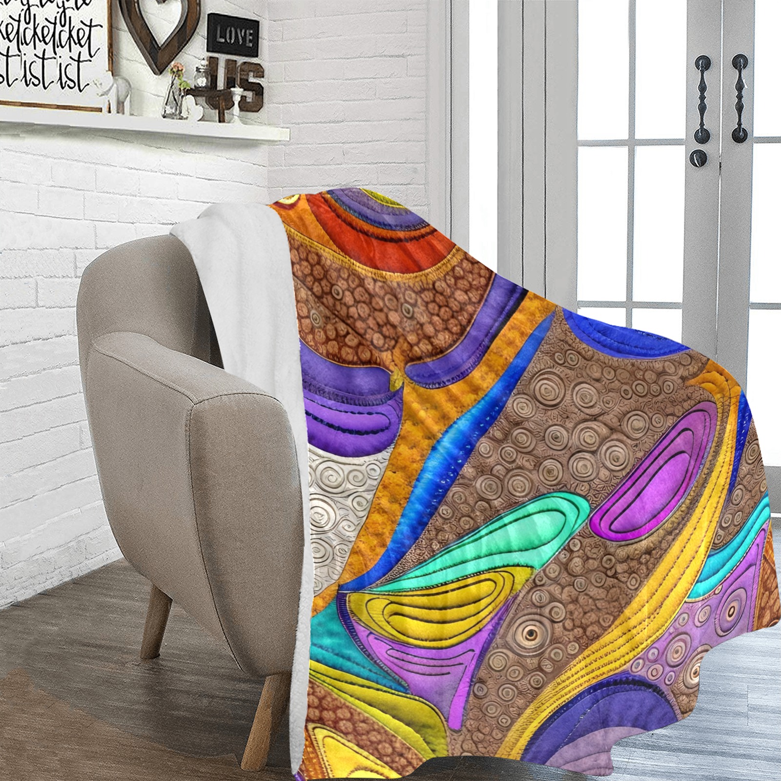 Boho Aesthetic Simulated Quilt Artwork Ultra-Soft Micro Fleece Blanket 70''x80''