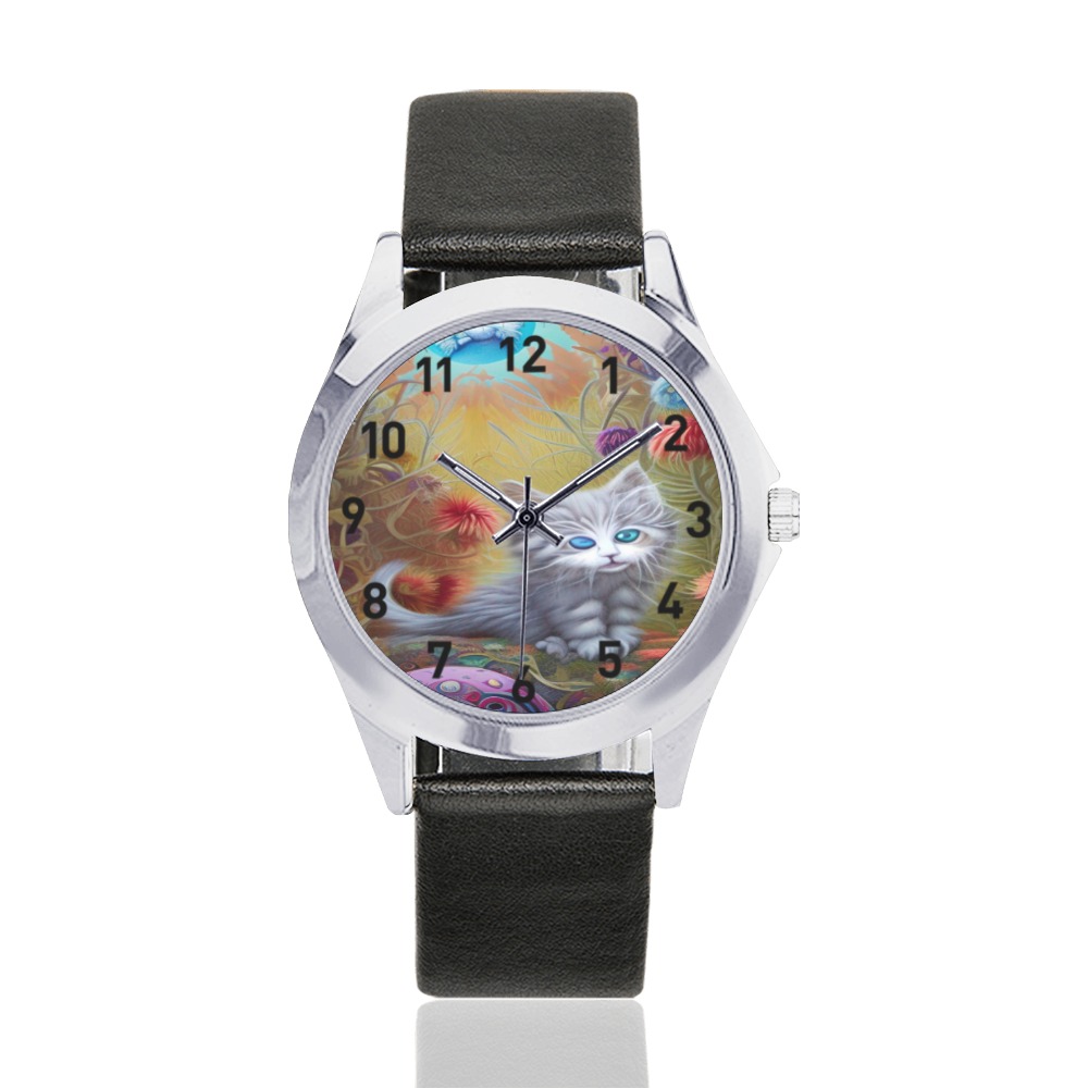 Cute Kittens 2 Unisex Silver-Tone Round Leather Watch (Model 216)