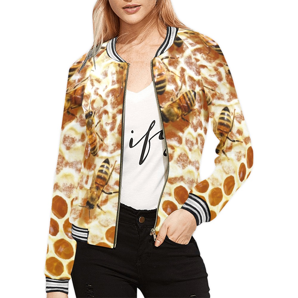 Honey Bee Psychedelic Gifts Pattern Print Women Casual Bomber Jacket