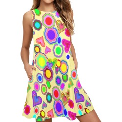 Groovy Hearts and Flowers Yellow Sleeveless A-Line Pocket Dress (Model D57)