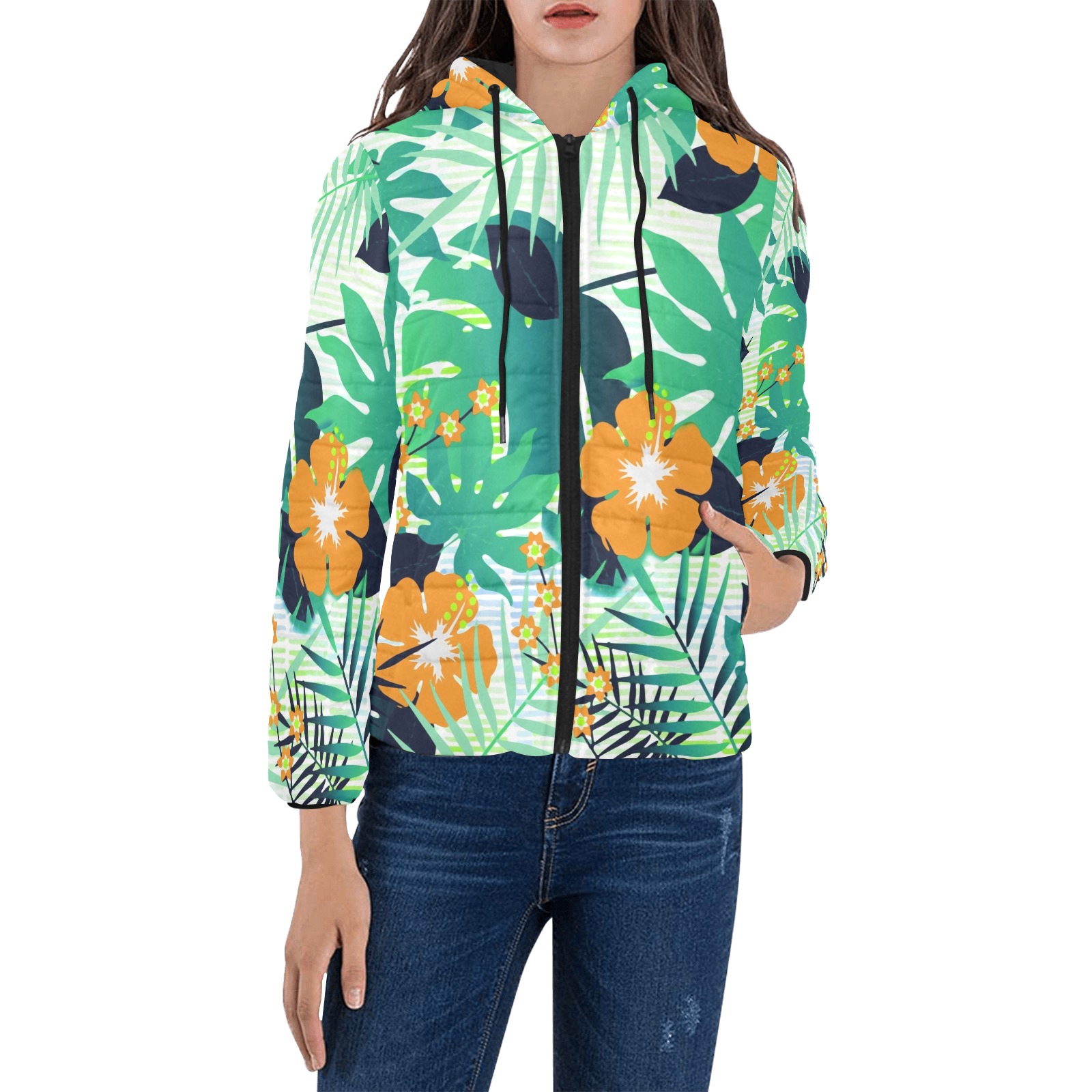 GROOVY FUNK THING FLORAL Women's Padded Hooded Jacket (Model H46)