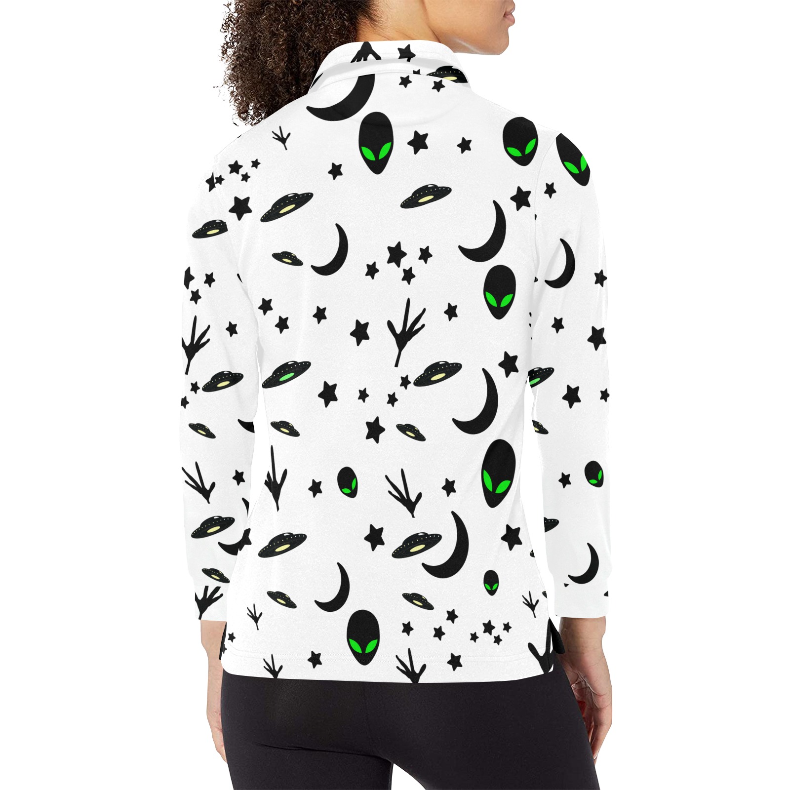 Aliens and Spaceships on White Women's Long Sleeve Polo Shirt (Model T73)