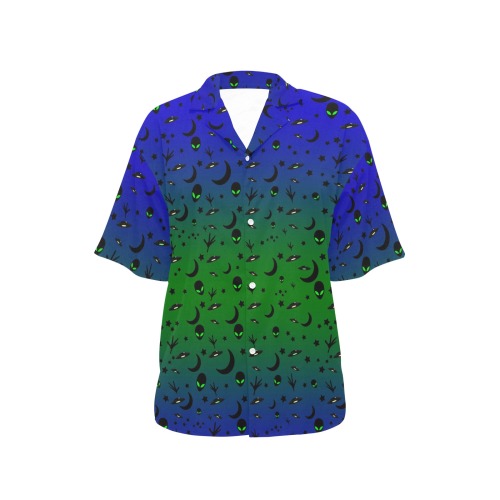 Aliens and Spaceships Blue and Green All Over Print Hawaiian Shirt for Women (Model T58)