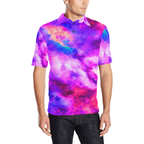 Watercolor Universe Galaxy Space Painting Men's All Over Print Polo Shirt (Model T55)