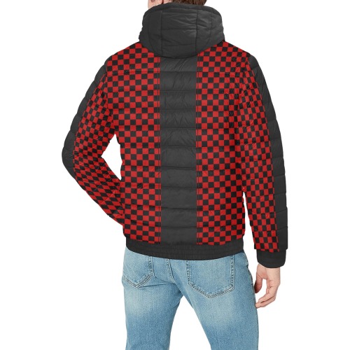 Checkerboard Red Black Stripe Racing Men's Padded Hooded Jacket (Model H42)